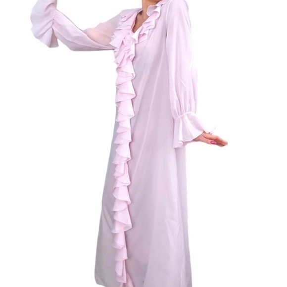 Christian Dior Vintage Pink Ruffle Kaftan Caftan Long Sleeve Maxi Hostess Dress - Picture 5 of 9